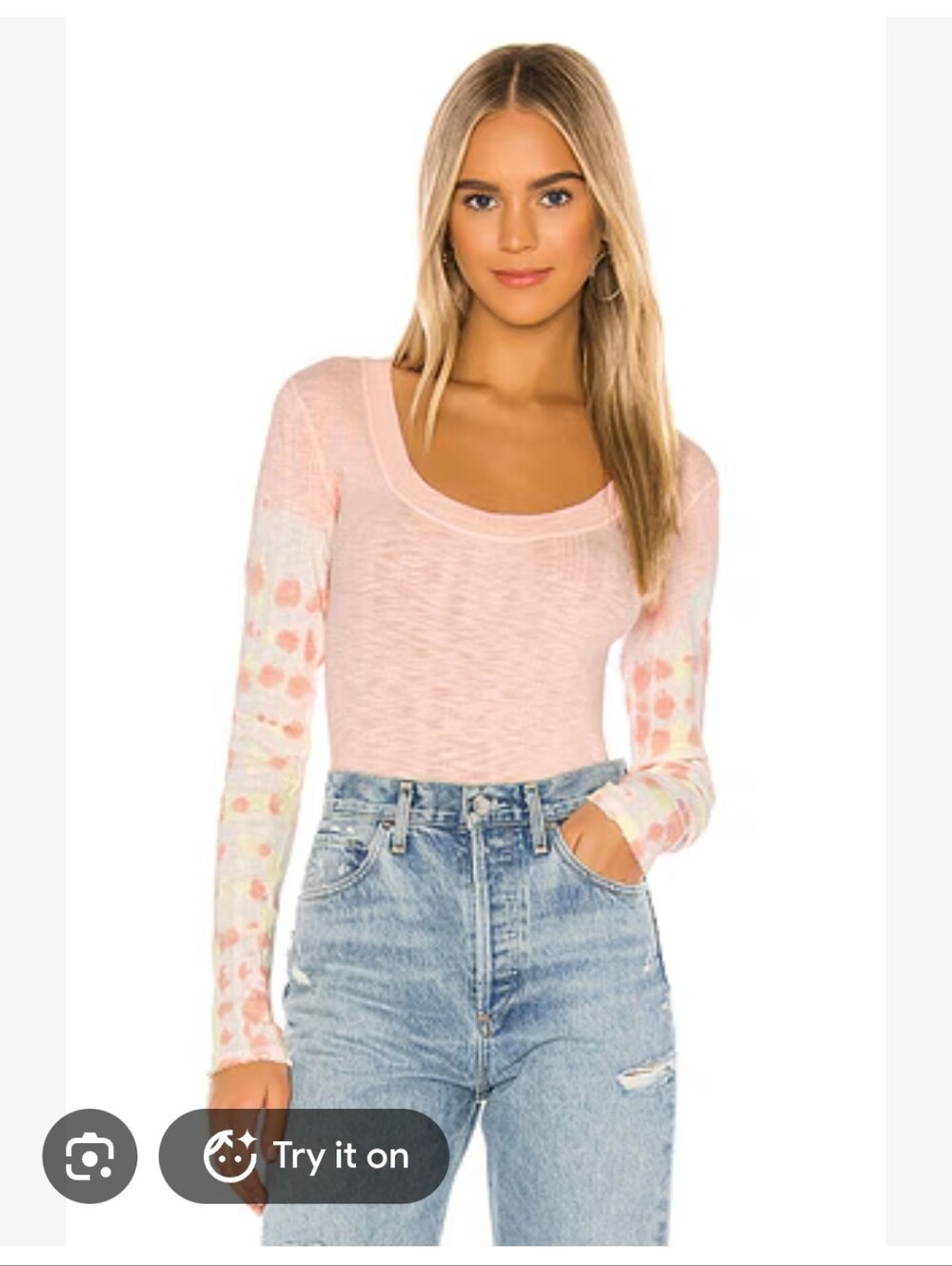 Free People Big Sur Pink Scoop Neck Long Sleeve Tee with Patterned Sleeves Size